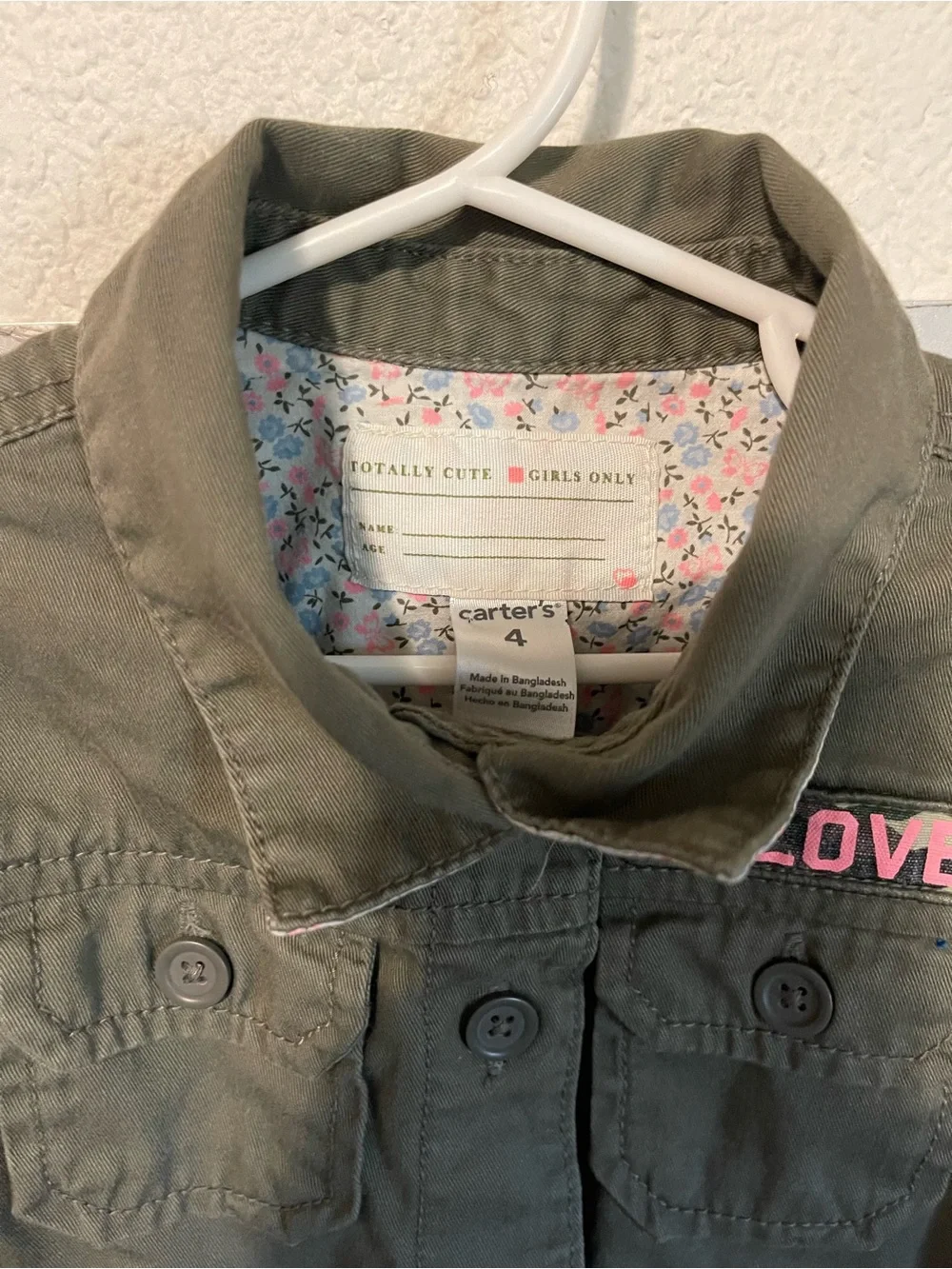 Carter's Olive Green Jacket with Pink LOVE Patch